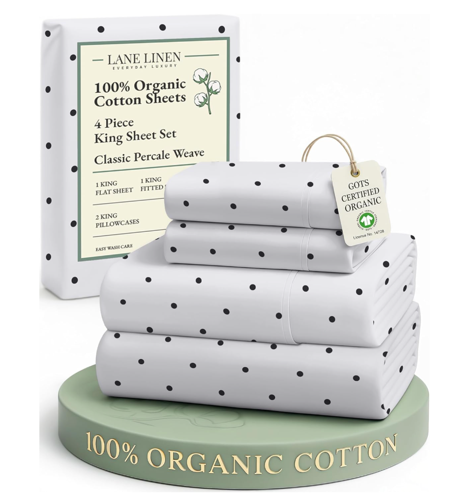 LANE LINEN 100% Organic Cotton Printed King Size Bedding Sheets & Pillowcases Set -Soft & Comfy Breathable Percale Sheet Seasons, 15" Deep Pocket Printed King Sheets - Polka Dot