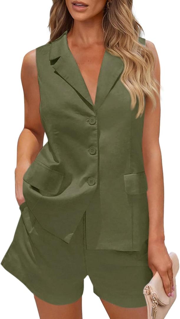 PRETTYGARDEN Women Summer 2 Piece Outfits 2025 Casual Lapel V Neck Button Down Vest Shorts Set Business Work Blazer Sets (Small, Army Green)