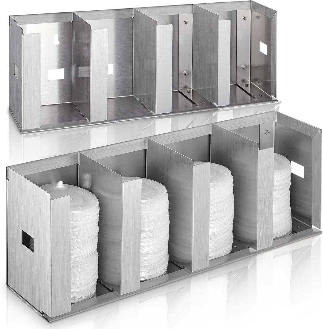 Hicarer 4 Compartments Stainless Steel Cup Dispenser with Adjustable Dividers Silver Cup and Lid Holder Lid Organizer Storage for Cabinet Kitchen Cafe Tea Shop Restaurant, Silver