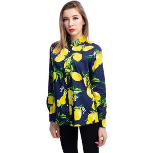 Women's Blouses Casual Long Sleeve Work Button Down Dress Hawaiian Shirts Tops(Navy Blue Yellow Lemon, X-Large)