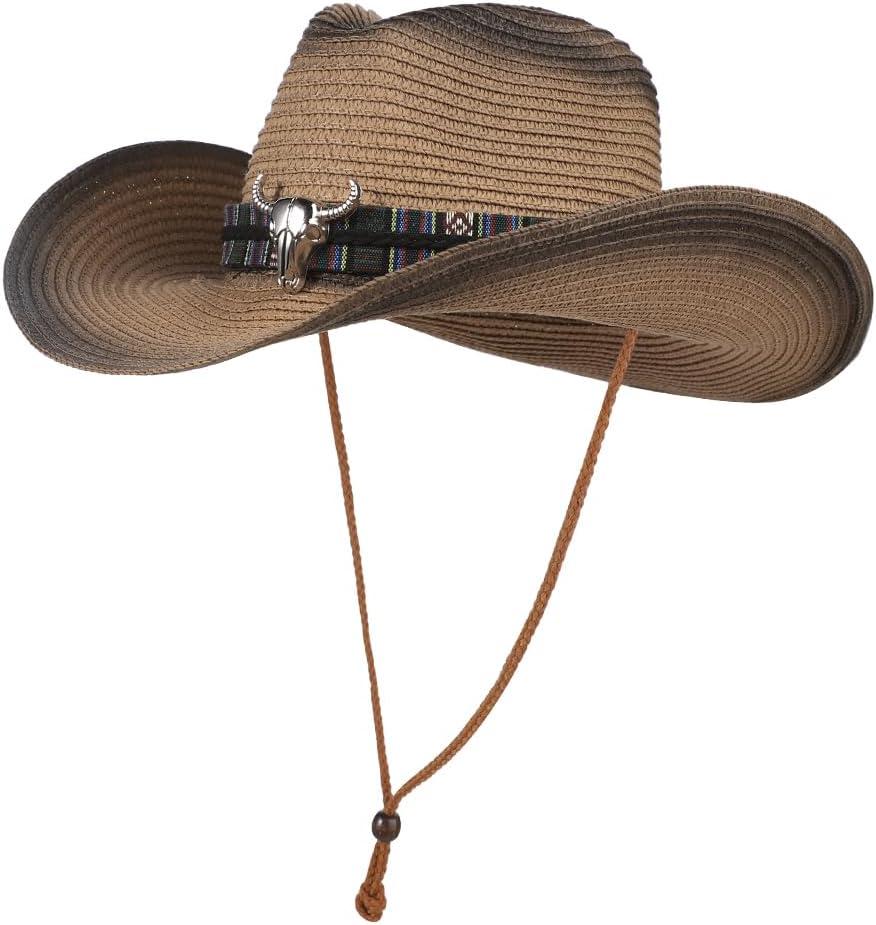 Straw Cowboy Hat for Men Women Wide Brim Western Straw Cowgirl Panama Hat Summer Beach Sun Cap Sombrero Travel (One Size, Coffee & Black)