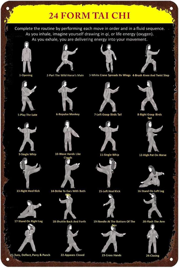 24 Form Tai Chi Vintage Metal Tin Sign,Martial Arts Art Poster Hanging Iron Painting Plaque for Home Garden Bar Home Cafes Office Store Wall Decor 8x12 Inch