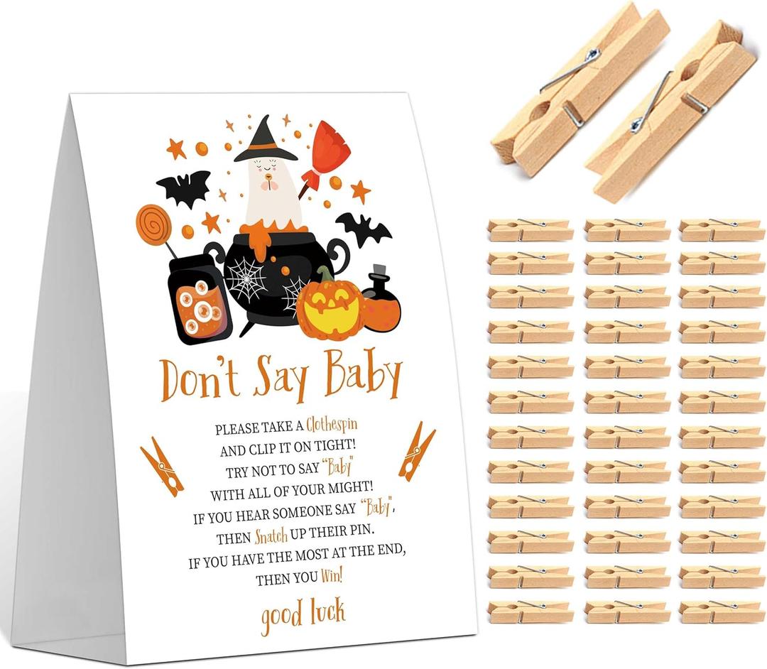 Halloween Don't Say Baby Clothespin Game, Baby Shower Game, Include One 57 Sign and 50 Mini Natural Clothespins, A Little Boo Gender Reveal Party Decoration Supplies - FD03
