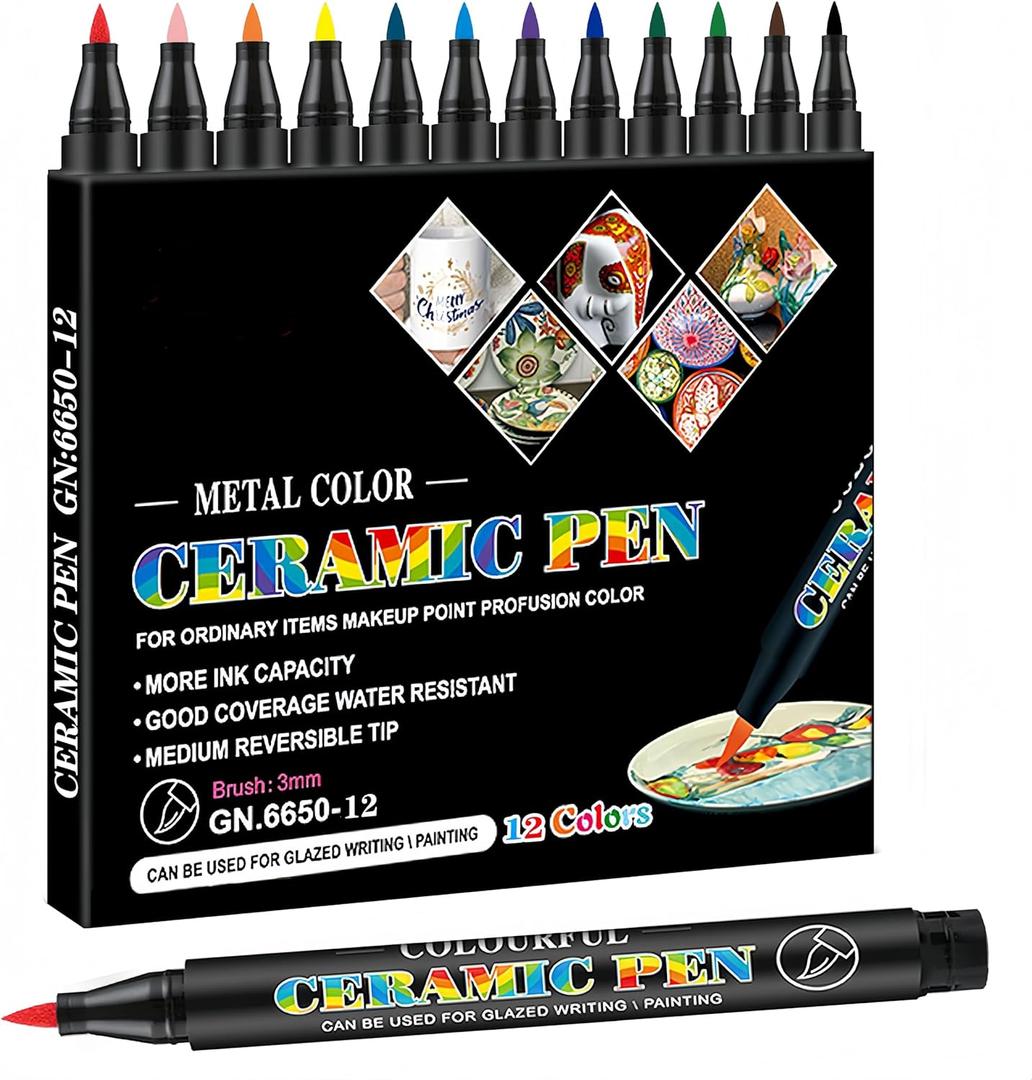 Permanent Marke Ceramics Pens 12 Colors Porcelain Paint Brush Pen for Both Glazed and Unglazed Ceramics Christmas Decoration Wine Markers for Adults