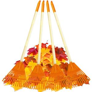 Kids Rakes, 4 Pieces 31" Heavy Duty Lawn Tool for Leaves, Child Size, Plastic Head & Wooden Handle, Gardening Tools for Boys Girls Gifts Age 3 Year Old and Up (Orange ( 4 pcs ))