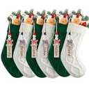 Personalized Christmas Stockings - 18 Inches Hanging Stockings with DIY Snowman Name Tags, 6 Pack Large Size Knitted Stockings for Mantels, Christmas Tree Family Holiday Decor, Green and White