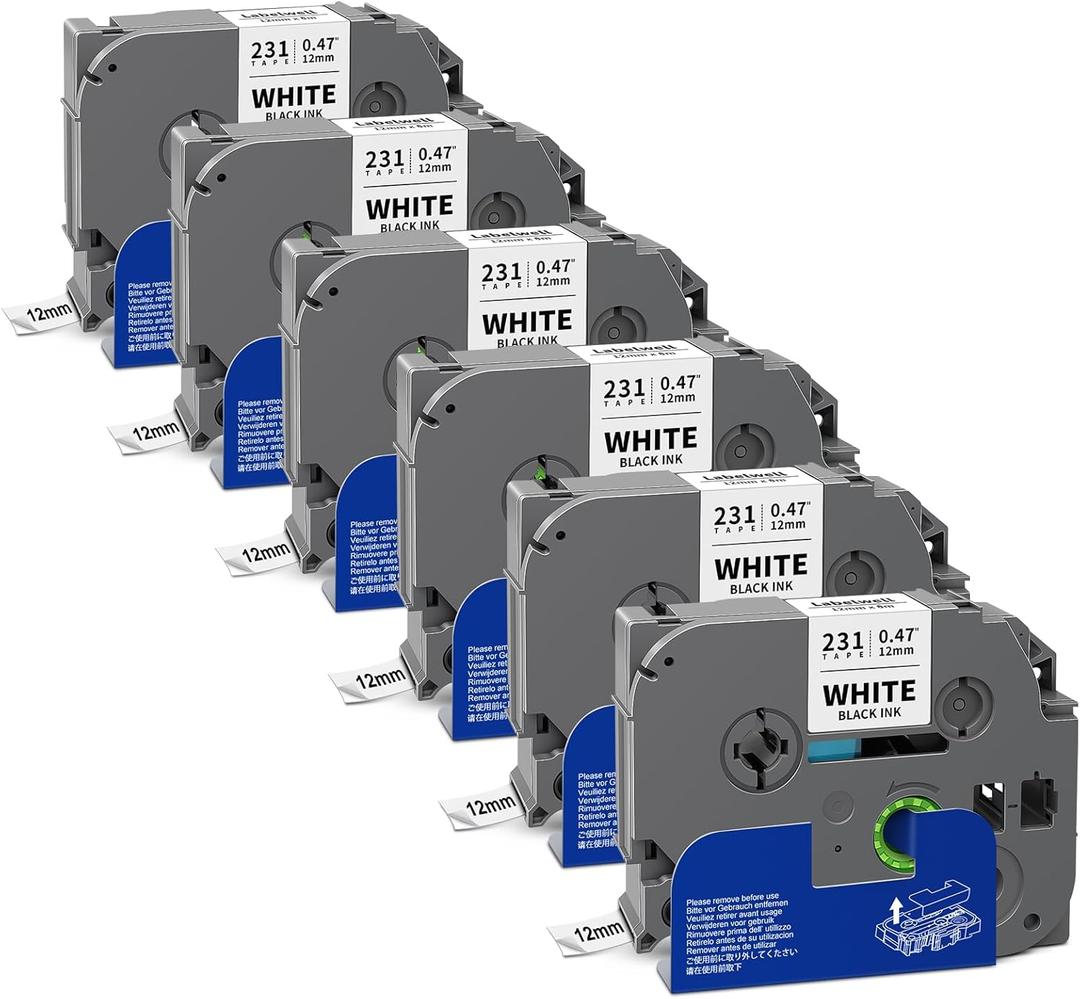 6-Pack TZe TZ Tape 12mm 0.47 Laminated White Compatible witht for P Touch Label Tape Black on White Refills for Ptouch PT-D220 D210 H110 D400 D600 D410 D610BT H100 Label Maker, 1/2 Inch