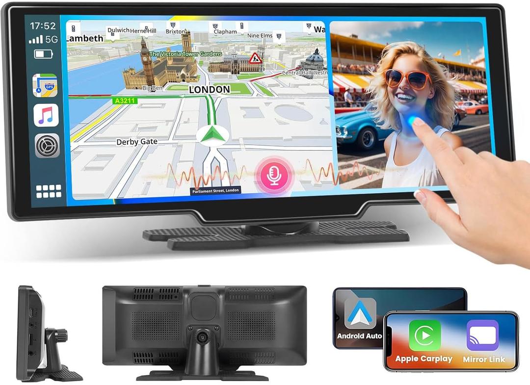 10.26 Inch Wireless Carplay Radio for Car, Hikity Wireless Android Auto Car Display Screen with Dual Bluetooth GPS Airplay Mirror Link