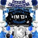 13th Birthday Decorations for Boys - Blue and Black Happy Birthday Banner Teenager Backdrop Number 13 Balloon, Latex Balloons Paper Pompoms for 13 Year Old Teen Party Supplies