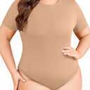 FOREYOND Plus Size Bodysuits for Women Short Sleeve Scoop Neck Bodysuit One Piece Body Suit Tops (5X-Large, Taffy)