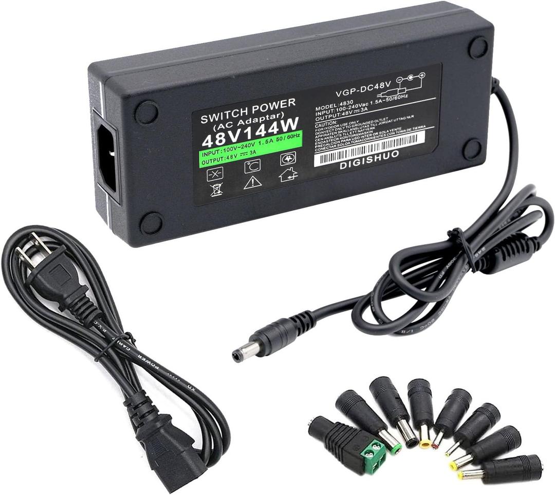 DIGISHUO 48V 3A 144W Power Supply Adapter 48V 144W Charger AC 100-240V to DC 48V 3A Adapter US Plug 5.5 x 2.5mm with 8Pcs Plug for PoE Switch | LCD Monitor | LED Strip | Router