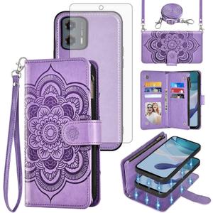 Asuwish Phone Case for Motorola Moto G 5G 2023 Zipper Wallet Magnetic Detachable Cell Cover with Tempered Glass Screen Protector Crossbody Strap Mandala Flower Card Holder G5G G5 Women Girls Purple