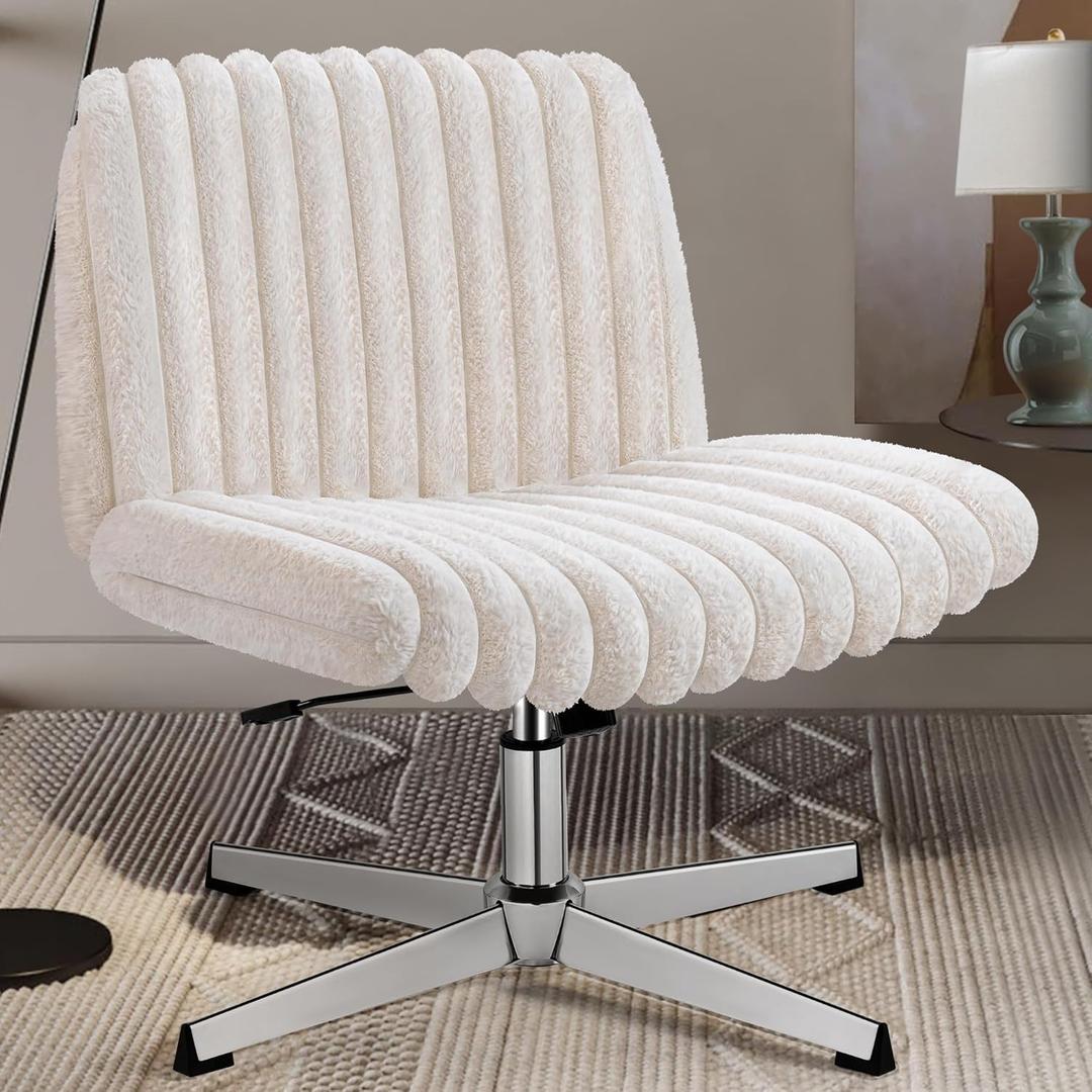 Criss Cross Chair, Armless Office Chair for Home & Bedroom, Plush Swivel Desk Chair No Wheels, Wide Vanity Makeup Chair, Ergonomic Computer Task Chair Beige