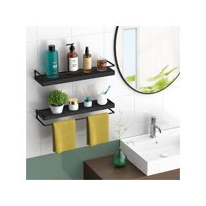 Meangood Floating Shelves Wall Mounted Set of 2, Rustic Wood Wall Storage Shelves for Bedroom,Living Room,Bathroom, Kitchen (Black)