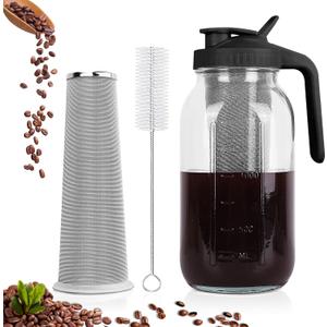 Cold Brew Coffee Maker,64 oz Mason Jar Pitcher with Stainless Steel Filter, Pour Spout Handle Lid, Heavy Duty Glass Airtight & Leak-Proof Pitcher for iced coffee Tea Lemonade