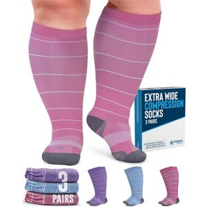Doctor's Select 3 Pairs Plus Size Compression Socks Wide Calf - Up to 6XL | 20-30 mmHg Compression Socks for Women Wide Calf| Blue, Pink, Purple (Stripes)