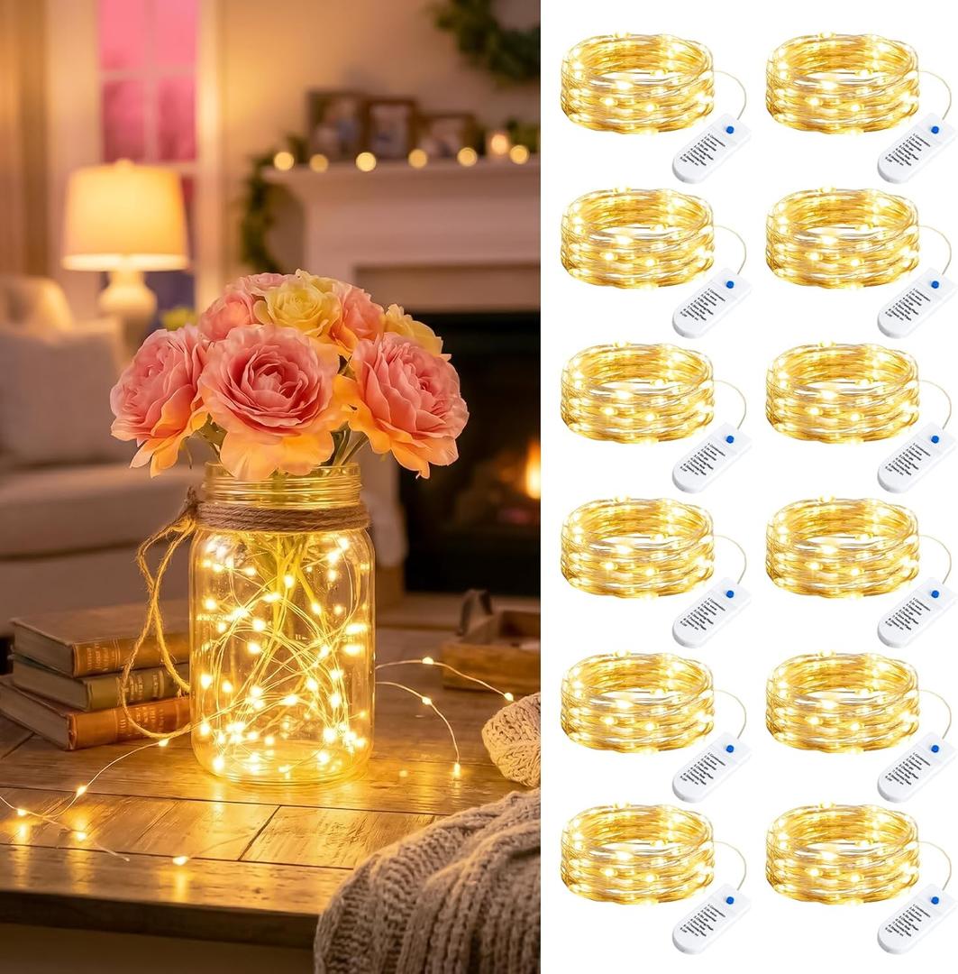 Minetom 12 Pack Fairy Lights Battery Operated String Lights 8 Modes, 7ft 20LED Warm White Waterproof Silver Wire Twinkle Lights, Firefly Starry Moon Lights for Mason Jars DIY Christmas Wedding Party
