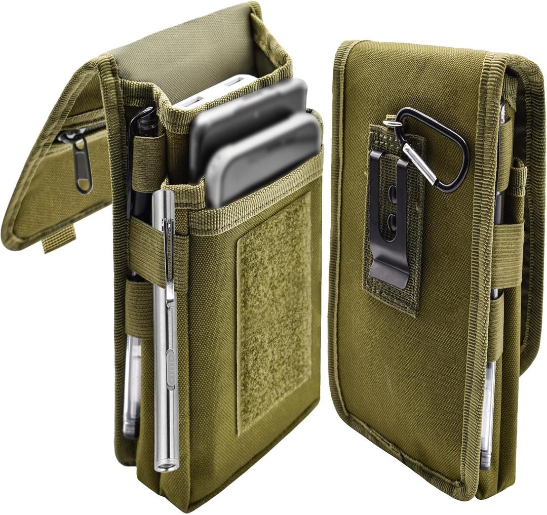 Dual Phone Holster, Large Smartphone Pouch, Belt Cell Phone Holder for iPhone 16/15/14 Pro Max & Samsung Phones, Compatible with Power Bank, for Work, Hiking, Camping, Barbecue, Rescue (XL) (Army Green)