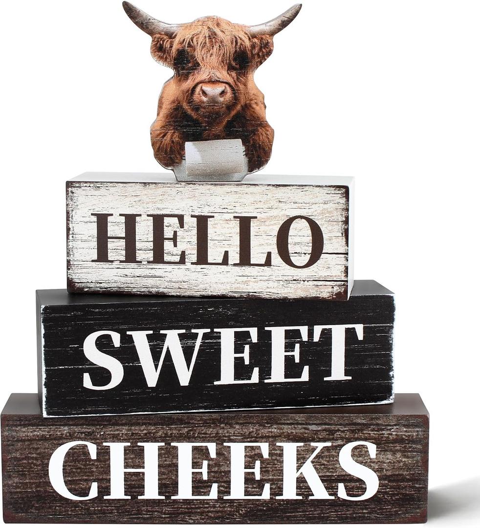 4 Pcs Highland Cow Bathroom Wooden Table Decor