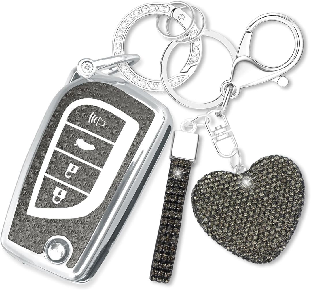 Key Fob Cover with Diamond Keychain Car Key Shell Compatible with Toyota Avalon Camry Corolla Fortuner Highlander Levin Rav4 Sequoia Sienna Tacoma Tundra Yaris (4 Buttons-Black Heart)