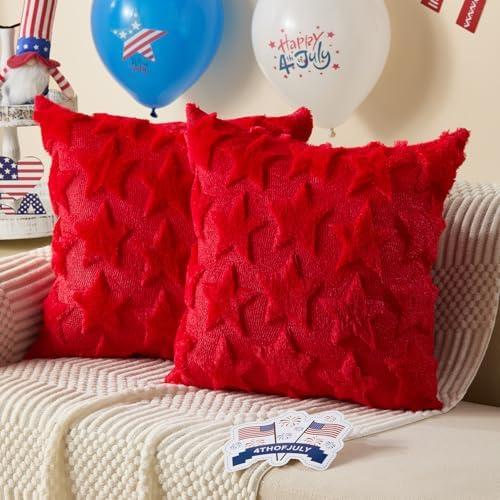 DFXSZ 4th of July Pillow Covers 20x20 inch Set of 1 4th of July Decor Red Stars Decoration Soft Plush Faux Fur Jacquard Throw Pillows Independence Day Decorations for Bedroom Sofa Holiday PTK025B20