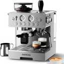 Espresso Machine with Grinder, 20Bar Espresso Machine Stainless Steel, Coffee Machine with Milk Frother for Latte/Cappuccino, Adjustable Temperature, Independent Hot Water & Americano Function (Defective)