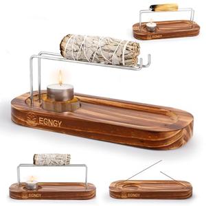 Handcrafted Palo Santo and Sage Holder, 4 in 1 Incense Sticks and Candle Holder for Burning Sage, Natural Wood Burner Holder, Ideal Spiritual Meditation Gift
