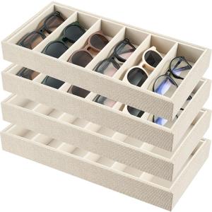 Juexica 4 Pcs Velvet Sunglasses Organizer Tray 6 Grid Sunglass Organizer Velvet Tray Stackable Glasses Display Case for Women Glasses Jewelry Display Watch (Linen)