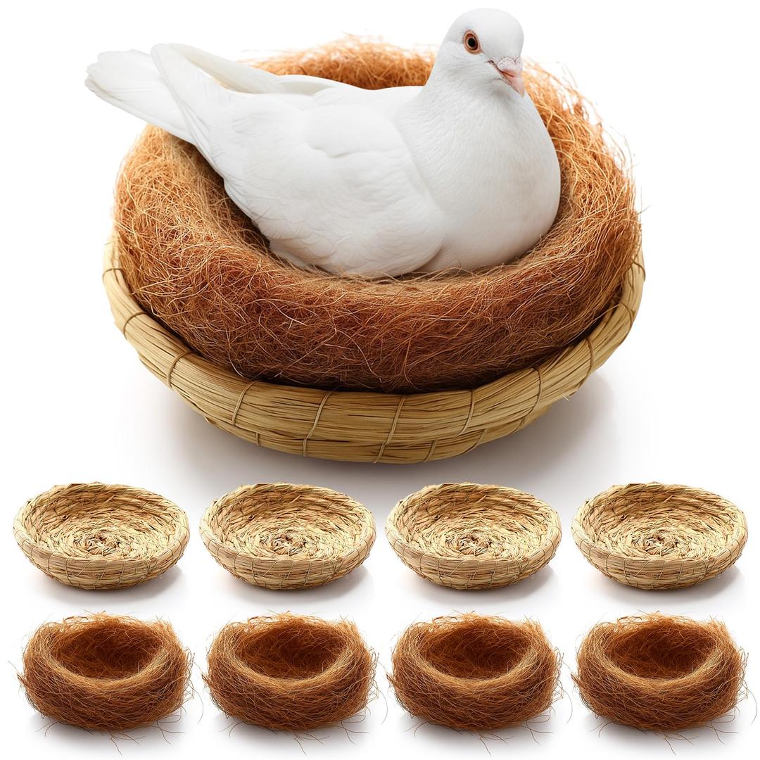 4 Set Bird Nest with Coconut Fiber Mats Set Hand-Woven Flat Base Pigeon Birdhouse Breeding Nest Small Animal Cage Accessories for Parrots Budgies Cockatiels Hamsters Gerbils and Pigs