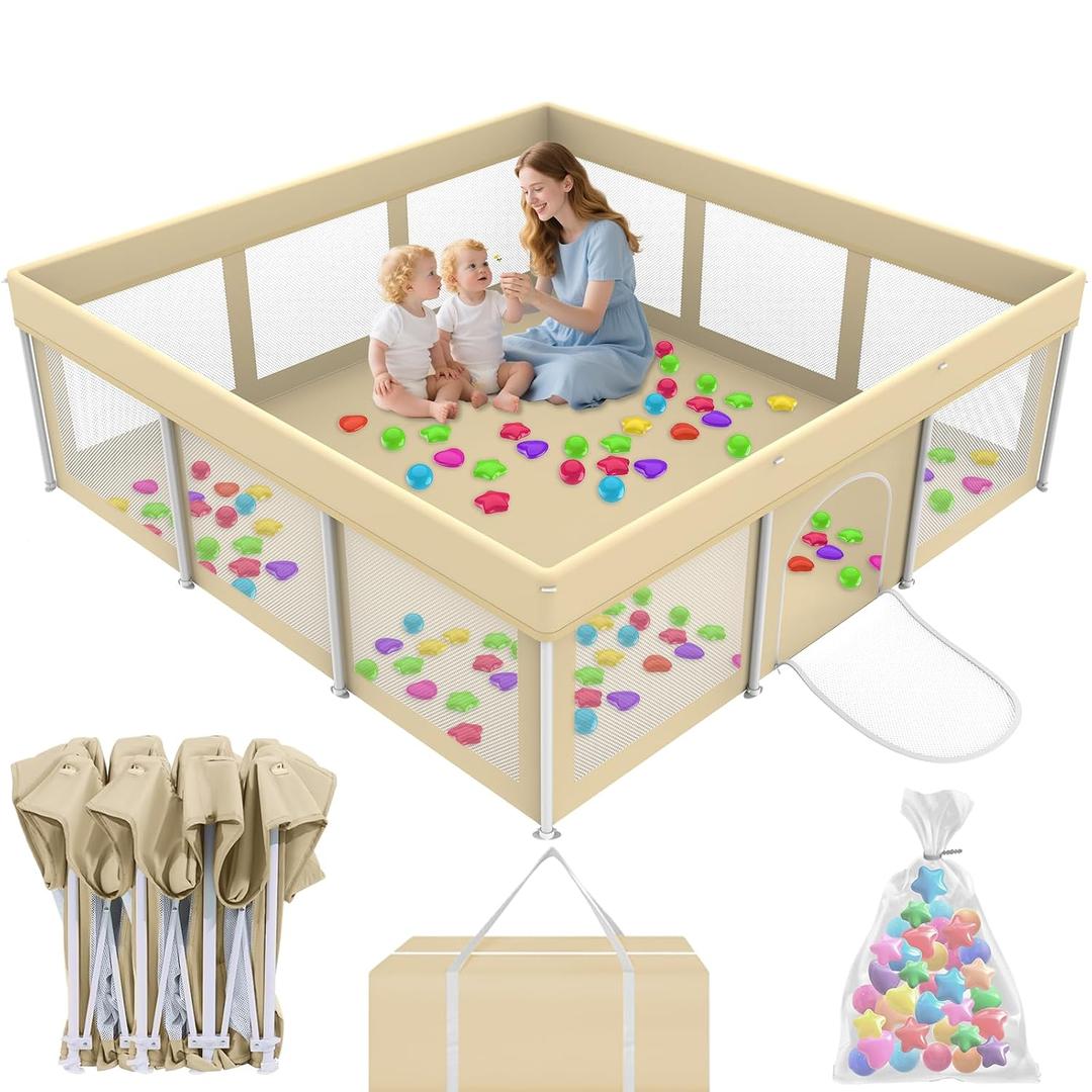 Foldable Playpen for Babies and Toddlers,71"x71" Collapsible Play Pen with 150 Ball Pit Balls, Portable Indoor & Outdoor Play Yard, Baby Fence with Carry Bag, Mat Not Include, Beige