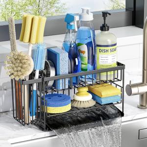 Cisily 2-Tier Kitchen Sink Caddy Organzier Rack with Flexible Dish Brush Holder, Sponge Holder for Kitchen Sink Countertop Organization Storage,Home Decor Accessories Essentials Stainless Steel, Medium, Black 