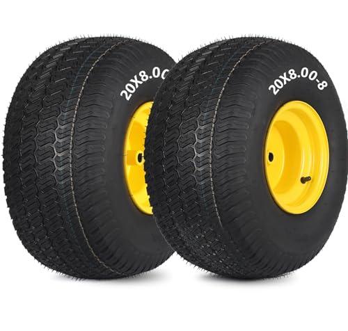 GICOOL 20x8.00-8 Tire and Wheel, 4 Ply Tubeless Lawn Mower Tire Replacement 20x8-8nhs Riding Tractor Mower and Rear Tire and Wheel Assemblies, 3.5" Offset Hub, 3/4" Borehole, and 3/16" Keyway, 2 Pack