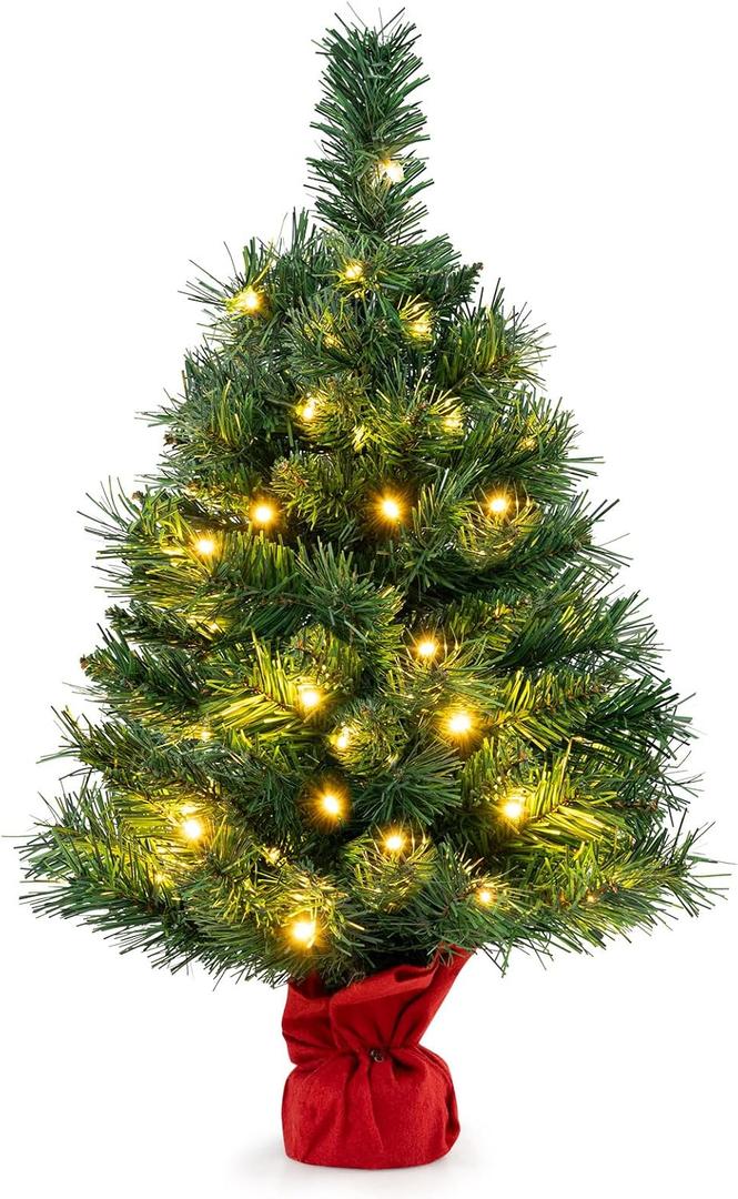 Goplus 2ft Mini Prelit Christmas Tree, Tabletop Battery Operated Small Fir Xmas Tree with 35 Warm White LED Lights, 71 Branch Tips, Red Cloth Bag Cement Base, Fireplace Home Office Holiday Decoration