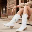 IDIFU White Rhinestone Cowboy Boots for Women Mid Calf Sparkly Western Cowgirl Pointed Toe Low Block Chunky Heel Glitter Country Cute Zipper Dress Booties Wedding Birde Boots (White Rhinestone, 7)