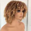 Blonde Afro Kinky Curly Wig with Bangs 12 Inch Soft Synthetic Hair Voluminous Kinky Wigs for Black Women Heat Resistant Glueless Non-lace Afro Curly Wig for Daily Party