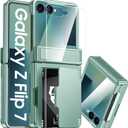 CENMASO for Samsung Galaxy Z Flip 7 Case with Card Holder [RFID Blocking] & Hinge Protection & HD Screen Protector, Rugged Anti-Scratch Full-Body Shockproof Phone Case for Z Flip 7-Mint Green