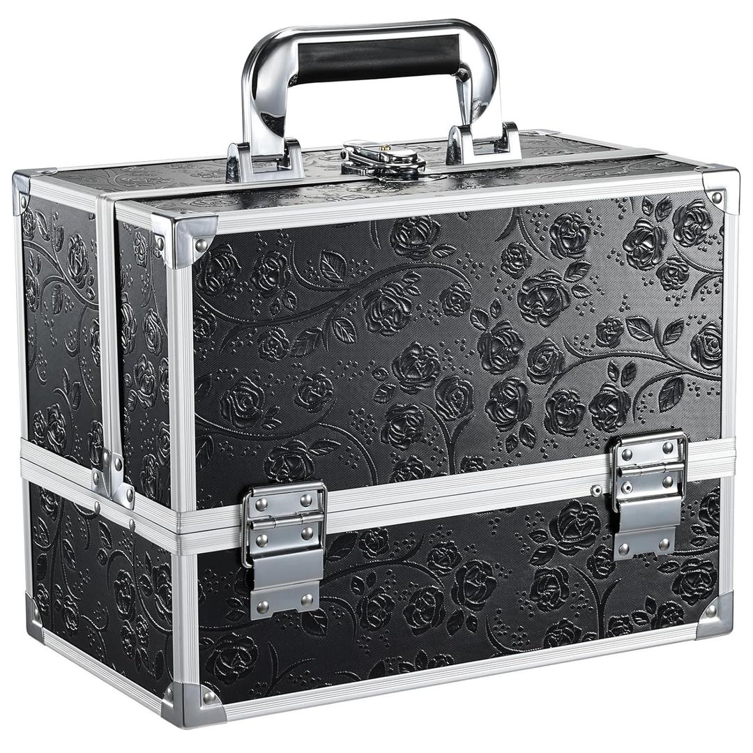 FRENESSA Makeup Train Case Makeup Box 11.8 Inch Large Makeup Case Organizer 3 Trays with Mirror Locking Cosmetic Storage Box Artist Nail Supplies Big Travel Case Black Floral