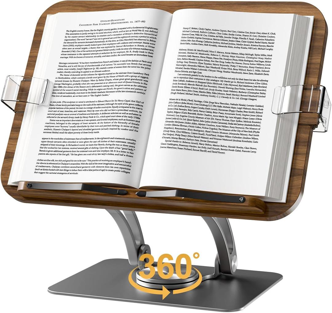 Book Stand for Reading, KVRG Adjustable Book Holder with 360 Rotating Metal Base, Foldable Cookbook Stand, Reading Hands Free with ABS Expandable Page Clips for Recipe, Textbook, Laptop-Black