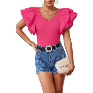 Vrtige Women's V Neck Ruffle Cap Sleeve Summer Blouse Top Shirt (Pink, S)