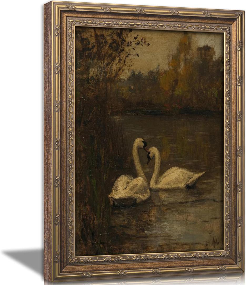 Vintage Gold Framed Swans Wall Art Antique Romantic Swan Lake Cottagecore Painting Canvas Prints Dark Moody Animal Picture Poster Modern Rustic Farmhouse Artwork for Living Room Bedroom Bathroom