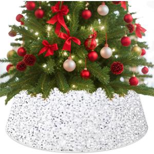 White Christmas Tree Collar Bling Christmas Tree Stand Collar 28.8 inch Sequin Xmas Tree Base Cover Large Christmas Tree Ring Round Tree Base Collar Rustic Trees Collars for Winter Holiday
