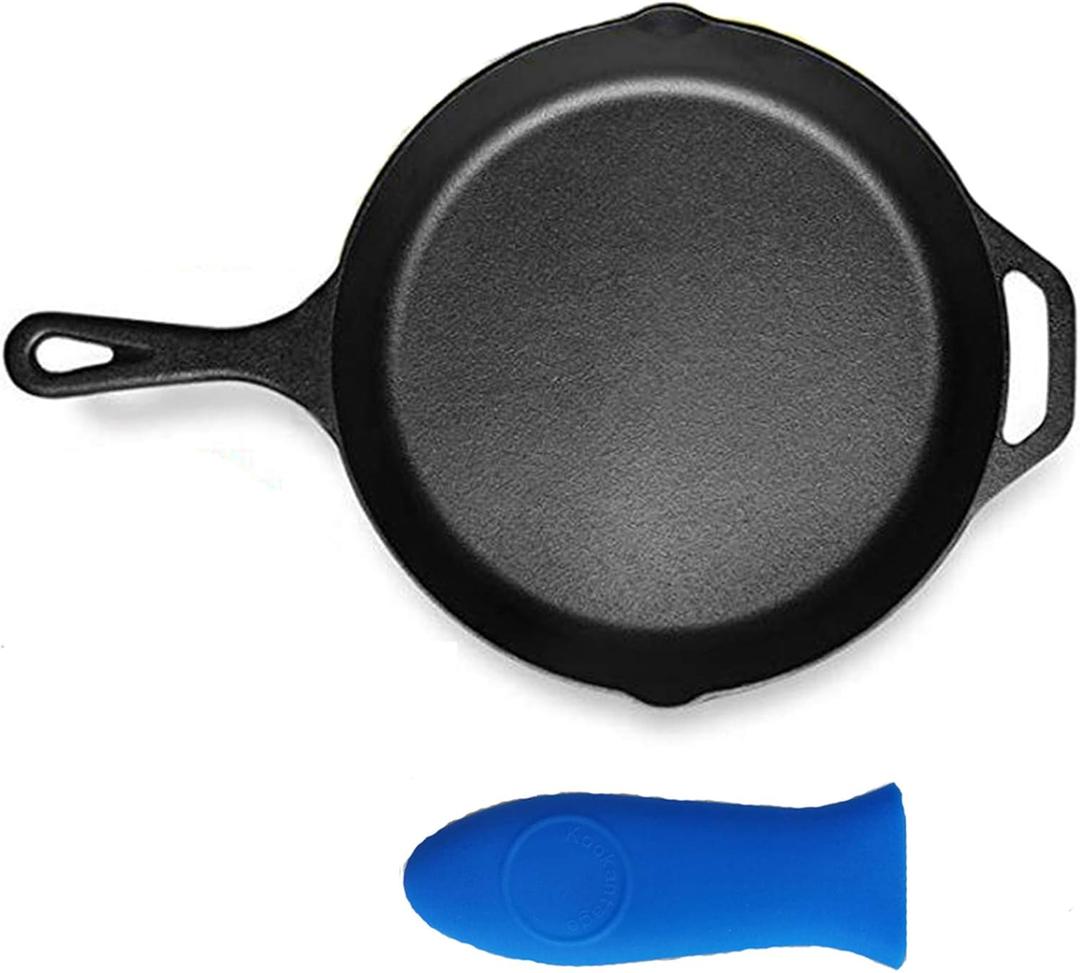 Pre-Seasoned Cast Iron Skillet 12in Iron Pans with One Silicone Hot Handle Holder - 12.5 Inch (Black)