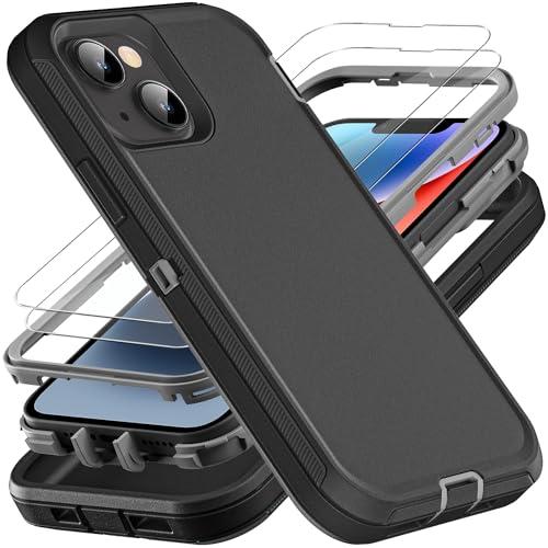 YKHJKLEC iPhone 13/14 Military Grade Case, 3 in 1 Heavy Duty Shockproof/Drop Proof/Dust Proof With 2Pcs Tempered Glass Screen Protector (Black/Grey)