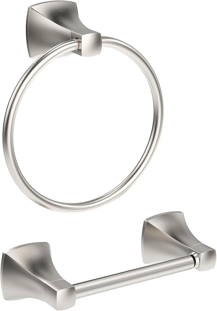 Bathroom Hardware Set 2 Pieces Toilet Paper Holder and Towel Ring Wall Mounted Stainless Steel and Zinc Alloy Brushed Nickel