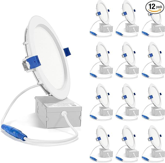 SAATLY 12 Pack 6 Inch Ultra-Thin LED Recessed Ceiling Light with Junction Box, 3000K Warm White Dimmable, 13W 110W Eqv, 850lm High Brightness - ETL and Energy Star Certified