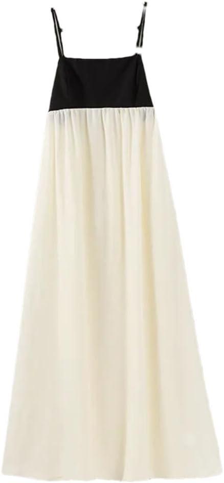 Women Contrast Sling Long Elegant Square Collar Sleeveless Backless High Waist Summer Sexy Loose Vestido Dress, Size:2X