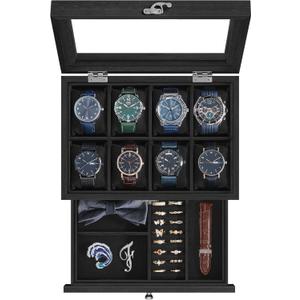 SONGMICS 8-Slot Watch Box, 2-Tier Display Case With Large Glass Lid, Removable Pillows, Velvet Lining, Jewelry Box, Gift Idea, Ink Black UJOW008B02