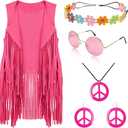 FunMular 60s 70s Outfits for Women Disco Hippie Costume Clothes Woman Peace Sign Earring Headband Fringe Vest Tassel Cardigan (Red, XXL)
