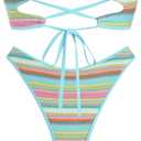 ZAFUL Women's Bandeau Bikini V Strapless Confetti Colorblock Tie Back High Cut Two Piece Swimsuit Bathing Suits (M)
