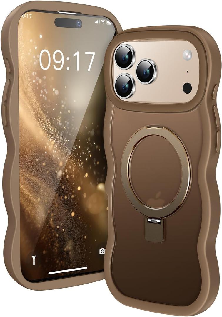 [Wave Frame+Mag Stand] Designed for iPhone 17 Pro Max Case, [Fit for MagSafe] Translucent Silicone Protective Magnetic Ring Phone Case Cover for 17 Promax 6.9 inch Men Women, Desert Titanium